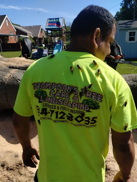 Thompson's Tree Care team member covered in debris after tree service job in Saint Louis MO